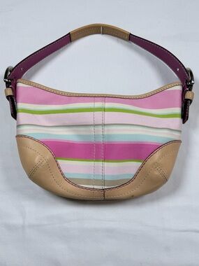 Vintage Coach Pink & Multicolor Striped Shoulder Bag with Tan Trim